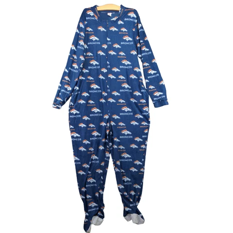 NFL Sleepwear Union Suit Denver Broncos Full Zip Mens Size M Blue All Over Logo Cover