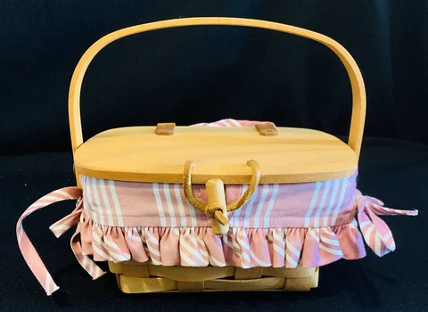 VINTAGE LONGABERGER 1999 BASKET PURSE COMBO DUSTY ROSE STRIPE LINER PROTECTOR Cover