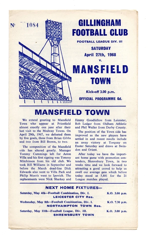 Gillingham v Mansfield Town – Division 3 – 27/4/1968 - Image 1 of 1