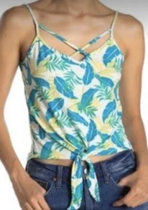 ¡NUEVO CON ETIQUETAS! Camiseta corta sin mangas Poof para mujer tropical con tiras delanteras multicolor talla L - Imagen 1 de 7