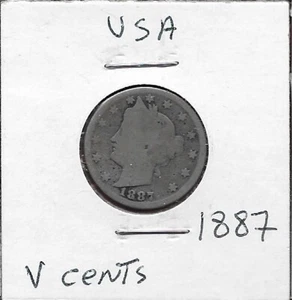 USA V CENTS 1887 MIT CENT,LIBERTY HEAD LINKS,INNERHALB STERNKREIS,DATUM UNTEN, - Bild 1 von 2