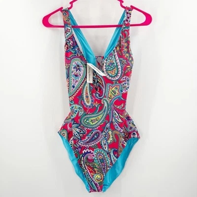 Tommy Bahama Swimsuit Size 12 NWT Paisley Keys Reversible Lace Back One Piece  - Image 1 of 4