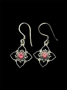 Tribal red pink stone sterling silver dangle vintage ornate earrings  - Picture 1 of 11