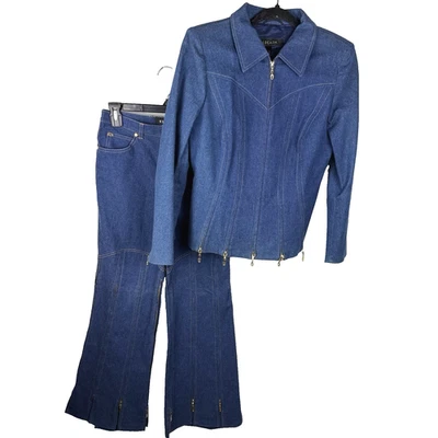 Conjunto de Traje Chaqueta Pantalón Acampanado Pierna Ancha Denim Escada 38/40 De Colección Años 80 Hippie Retro Foto 1 de 4