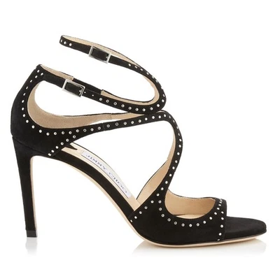 JIMMY CHOO 37 US 6.5 Ivette Black Suede Studded Strappy Sandals Heels - Image 1 of 4