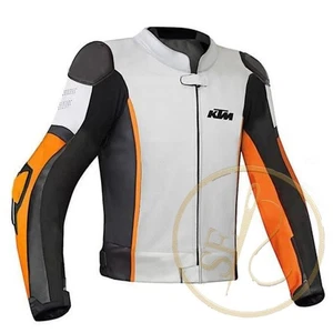 Three Tone KTM Racing Motorbike Leather Jacket | High Quality Motorcycle Apparel - Picture 1 of 6