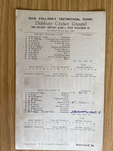 SCORECARD -DICK POLLARD'S XI v CRICKET WRITERS @ DIDSBURY- JULY 1949-TESTIMONIAL - Picture 1 of 1