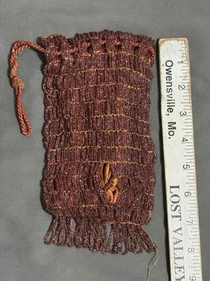 1920s 1930s Burgundy RED Glass BEAD coin purse drawstring bag FLAPPER GIRL - Image 1 of 4