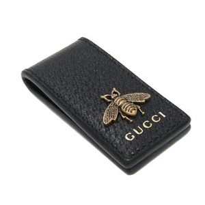 GUCCI Metal Bee Animalier Money Clip Wallet Bill Holder Black Leather Used NoBox - Picture 1 of 8