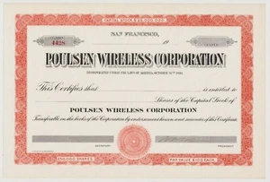Poulsen Wireless Corporation Stock Certificate San Francisco California - Picture 1 of 1
