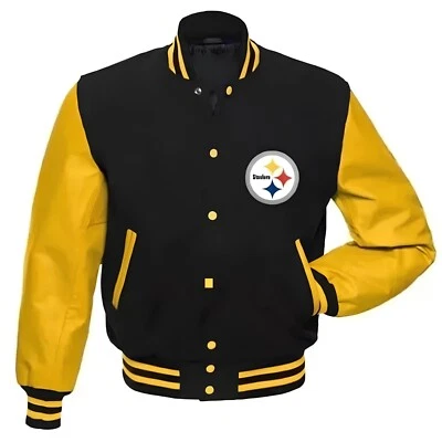 Pittsburgh Steelers Cuerpo Negro Cuero Dorado Chaqueta de Béisbol Chaqueta Universitaria Foto 1 de 4