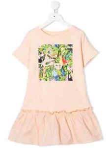 KENZO Kids Girl's Pink Tropical Crewneck Ruffle Hem Dress Size 10 - Picture 1 of 1