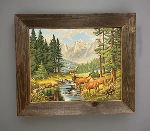 Pintura alemana vintage MCM 1955 16x20” por número “ciervos por arroyo de montaña” enmarcada - Imagen 1 de 7