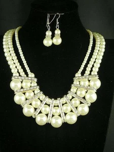 Elegant 3 Layer Multi Creamy Pearls Bridal Drape Crystal Necklace Earrings Set - Picture 1 of 2