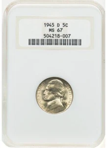 1945-D Jefferson Nickel 5C MS67 NGC Silver War Issue - Picture 1 of 2