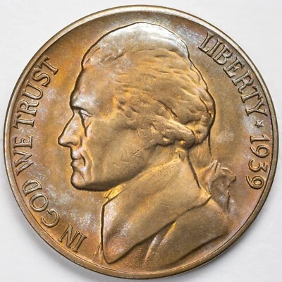 1939-D Jefferson Nickel Gem Uncirculated BU ORIGINAL & TONED! Denver Mint - Image 1 of 4