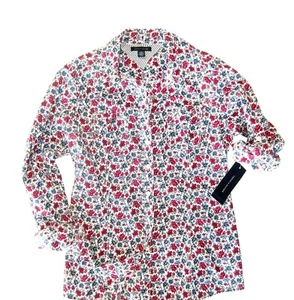 Tommy Hilfiger Women Red Denim Blue Floral Size XS Shirt Top Roll Tab Sleeve New - Picture 1 of 3