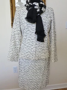 RARE DANA BUCHMAN Off WHITE & BLACK POLKA SKIRT SUIT WOOL ITALY 8 MINT - Picture 1 of 18