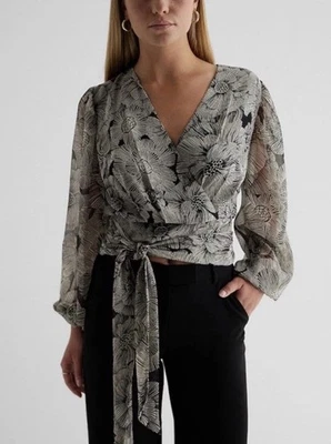 Blusa Top Express Floral Cuello en V Imitación Envolvente Cintura Estampado Negro GRANDE Foto 1 de 4