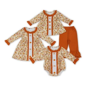 Toddler Sibling Girls Fall Clothing Embroidery Pumpkin Orange Floral Outfit - Picture 1 of 7