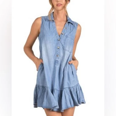 Mini Vestido Elan Denim con Volantes Tencel Sin Mangas Bolsillos Informal Vacaciones Cambray Foto 1 de 4