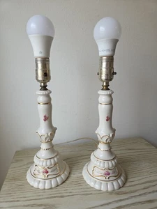 Pair Of Vintage Transferware 12” Candlestick Lamps Porcelain With Gold Trim Rose - Picture 1 of 11