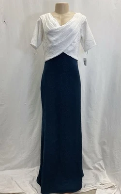 NWT Tadashi Shoji Hudson Off-the-Shoulder Crepe Gown | White & Navy | Women's 12 - Image 1 of 4