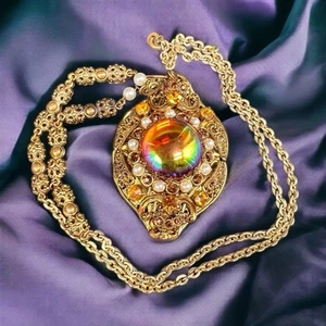 WEST GERMANY Necklace Rainbow Iridescent Cabochon Ornate Filagree Baroque 25.5in - Picture 1 of 17