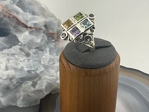 925 Sterling Silver Multi Gemstone Ring Peridot Amethyst Citrine Topaz Square - Picture 1 of 5