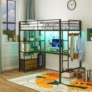 Twin Loft Bed with Desk LED Lights Metal Loft Bed Frame, Black - Picture 1 of 11