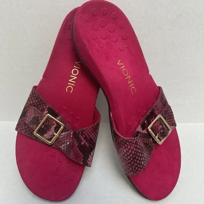 Vionic New Santos Sandals Orthotic Slides Berry Pink Snakeskin Size 8 - Image 1 of 4