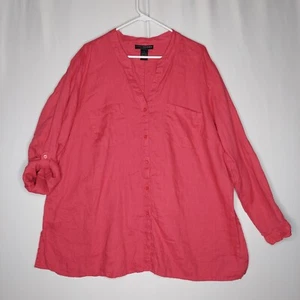 Grace Elements Linen Shirt Women 3X Red Button Collar Pocket Long Roll Sleeve - Picture 1 of 6