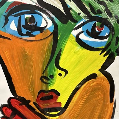 Pintura Original de Peter R. Keil Abstracto Expresionista Cara Colorida Lg 22x28 Foto 1 de 2