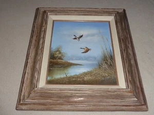 ORIGINAL FRAMED OIL PAINTING HARTMENY SIGNED DUCKS FLYING OVER LAKE - Picture 1 of 6