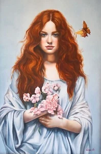 ORIGINAL, FRAMED OIL PAINTING OF LOVELY YOUNG REDHEAD WOMAN GIRL FEMALE - Picture 1 of 10