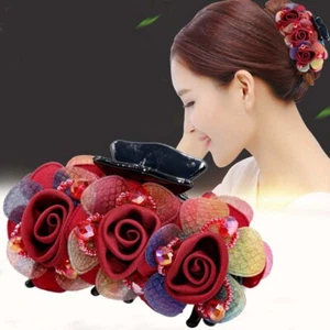 Fashion Women Rose Flower Hair Claws Wedding Hair Accessories Ponytail Holder - Picture 1 of 16