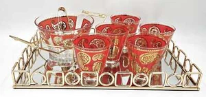 Culver Red Paisley 22k Glasses Ice Bucket in Caddy w/Uttermost Tray Set 1960s - Picture 1 of 7
