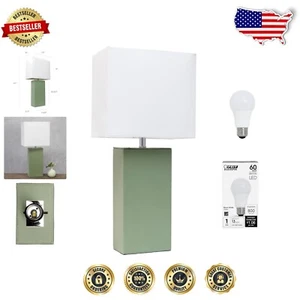 Sage Green Leather Table Lamp for Decorative Living Room or Office - 21" Height - Picture 1 of 9