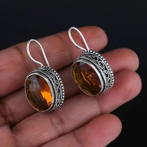 Citrine Gemstone Handmade Dangle Drop Earring,925 Sterling Silver Earring 1.80" - Picture 1 of 3
