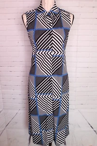 Jones New York Button Front Black White Blue Striped Print Dress Womens Size M - Picture 1 of 11