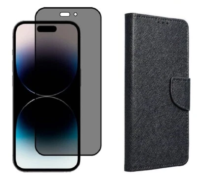 EF.GLOBE-TRADING Coque Portefeuille + Verre Trempé Anti Espion pour iPhone 16e 15 Pro Max 14 Plus