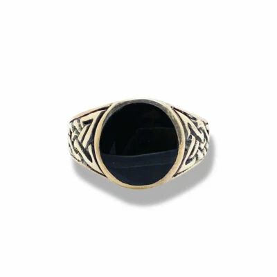 Acabamento De Ouro Branco Pedra Preta Onyx Masculino Anel Com Padrão engravement Luxe - Imagem 1 de 4