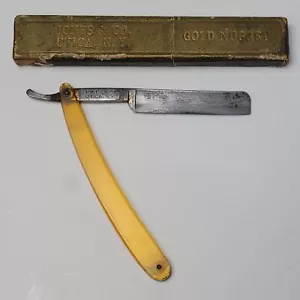 Navaja de afeitar recta vintage - Jones & Co. Utica NY PEPITA DORADA con caja original rara - Imagen 1 de 8