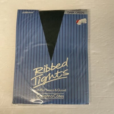 St Michael Ribbed Tights Medium Dark Green Flat Seams And Gusset - Image 1 of 4