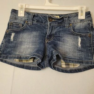 PARIS BLUES Shorts Women's/Juniors jean with plaid pocket accents size 5 - Picture 1 of 6