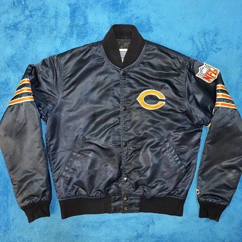 VINTAGE Chicago Bears Starter Jacket Satin Bomber Snap Button Unisex Size Medium Cover