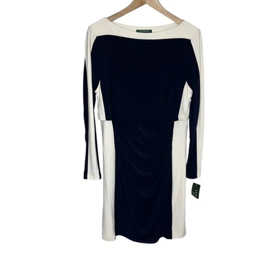 Lauren Ralph Lauren Womens Sheath Dress 14P Navy Cream Color Block Layered - Image 1 of 4