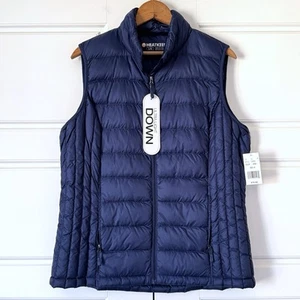 Heat Keep Down Quilted Puffer Vest Womens Large Navy Blue Full Zip Packable - Picture 1 of 16