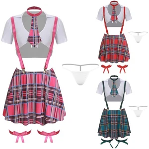 Women's Sexy Schoolgirl Outfits Cosplay Costume Crop Top with Suspender Skirts - Picture 1 of 40