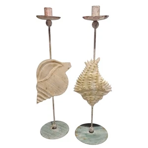 Vintage Rustic Metal Beach House Costal Ocean Shell Taper Candle Holders 20" - Picture 1 of 12